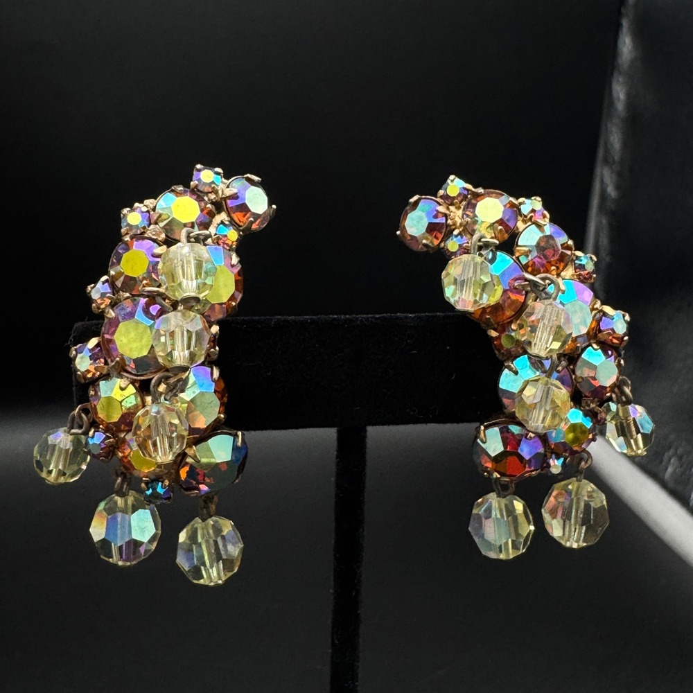 Vintage Earlobe Aurora Borealis Cluster Clip‎ On Earrings Rhinestone Runway